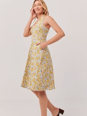 Pact Reverie Floral Yellow Fit & Flare Tie-Back Organic Cotton Dress Size Small